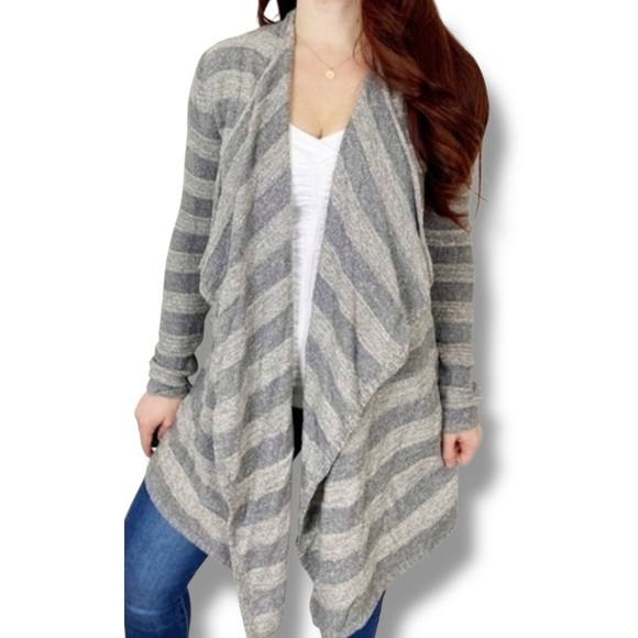 Barefoot Dreams Sweaters - Barefoot‎ Dreams Bamboo Chic Lite Gray Stripe Calypso Wrap Cardigan Sweater L/XL